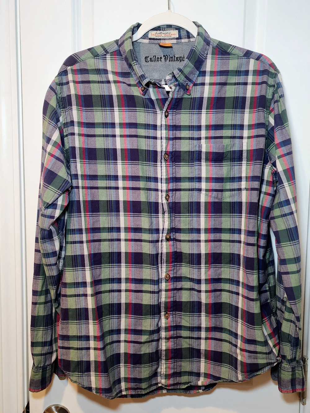 Tailor Vintage Men's Green and Navy Plaid Button-Down Shirt